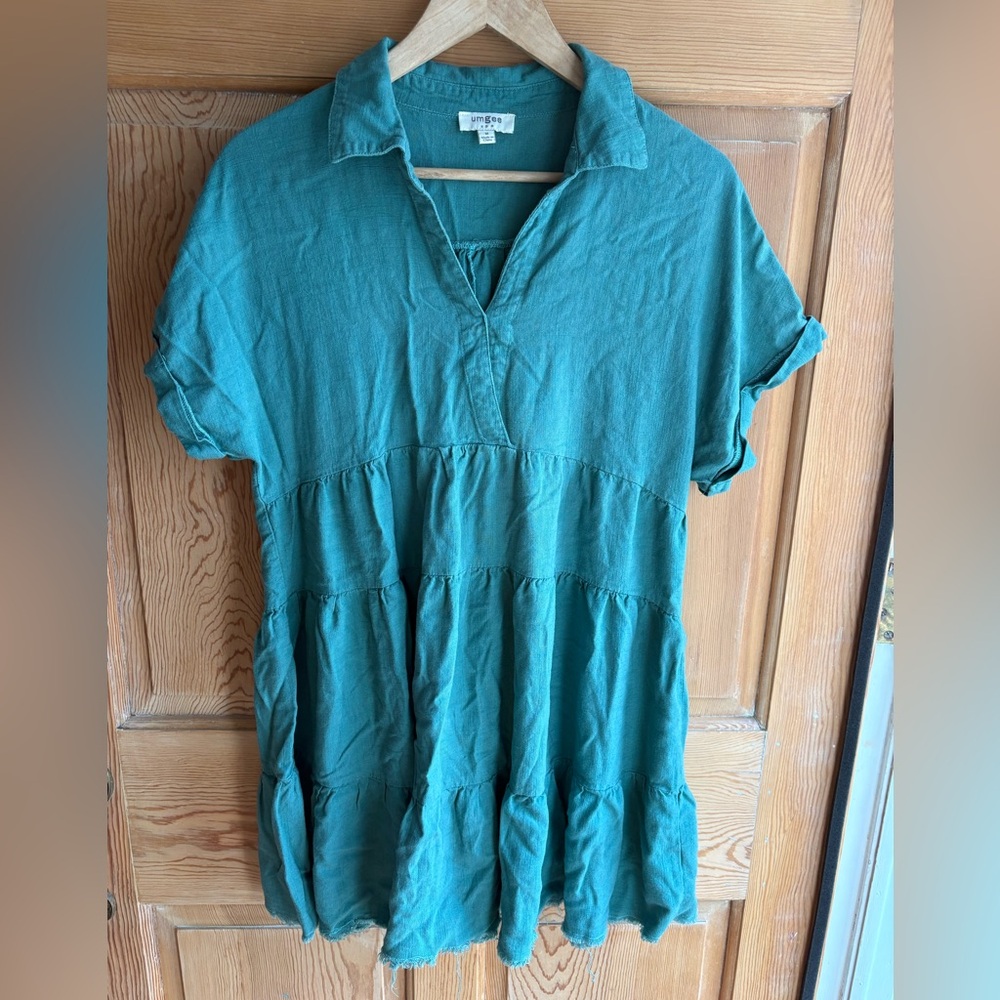 Umgee Teal Raw-Hemmed Tiered Mini Dress | Boho Chic | Size Medium